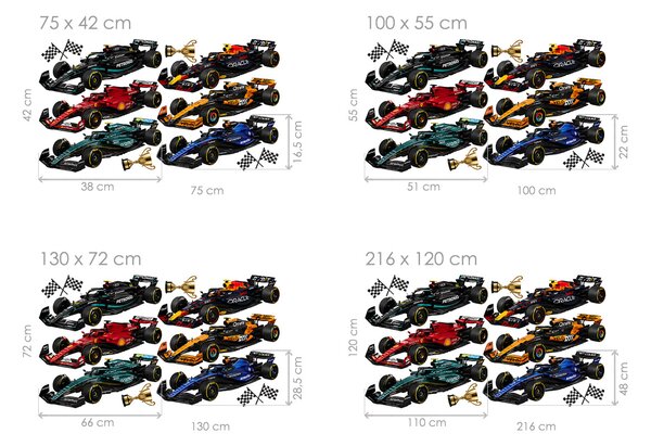 Barevné formule F1 automobilové samolepky na zeď arch 75 x 42 cm