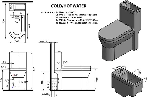 Aqualine HYGIE WC kombi s umývátkem, zadní/spodní odpad, bílá PB104W