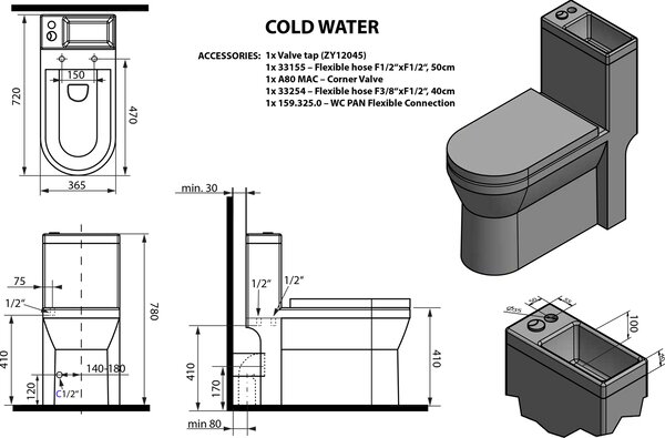 Aqualine HYGIE WC kombi s umývátkem, zadní/spodní odpad, bílá PB104W
