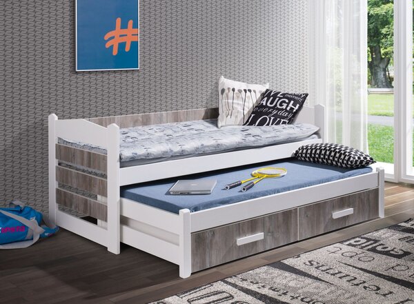 Rozkládací postel Tiago s úložným prostorem 90x200 cm (Š 97 cm, D 205 cm, V 76 cm), Tyrkysový akryl, Dub sonoma PVC, bez matrací