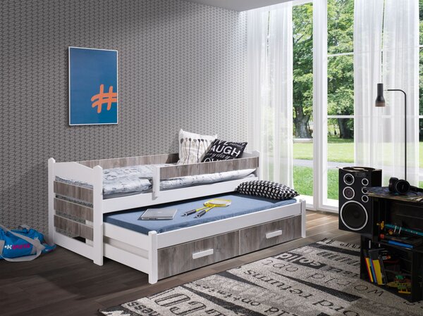 Rozkládací postel Tiago II s úložným prostorem 90x200 cm (Š 97 cm, D 205 cm, V 76 cm), Bílý akryl, Dub šedý PVC, bez matrací, se zábrankou