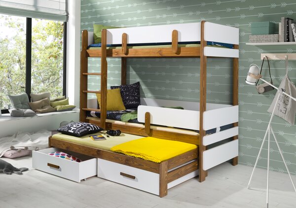 Patrová postel Ettore III - trojlůžko 90x200 cm (Š 103 cm, D 210 cm, V 171 cm), Dub, Bílé PVC, bez matrací, bez zábranky, žebřík na levé straně