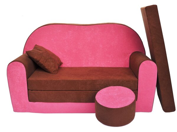 Dětská rozkládací pohovka + taburet růžovo / hnědá