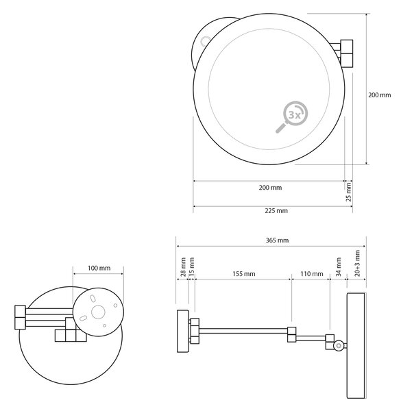 Sapho Sapho, X-ROUND BLACK závěsné kosmetické zrcadlo LED, průměr 200mm, černá, XR016B