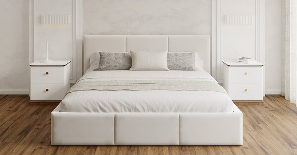 Čalouněná postel AMBER 140x200 Bílá Trinity s úložným prostorem dřevěný rošt