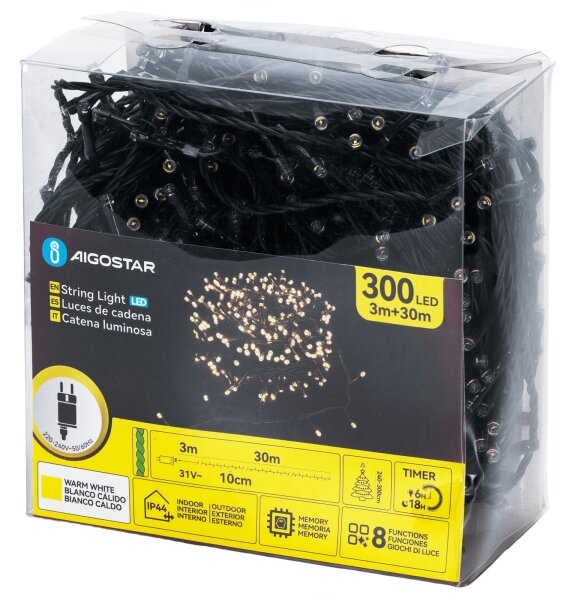 Aigostar - LED Venkovní vánoční řetěz 300xLED/8 funkcí 30 m IP44 teplá bílá