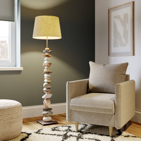 ONLI Stojací lampa Vera s látkovým stínidlem a kamenným dekorem, Hliník / šedá / zinek, Obývací pokoj / jídelna, Textil / tkanina / hedvábí