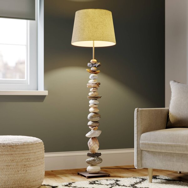 ONLI Stojací lampa Vera s látkovým stínidlem a kamenným dekorem, Hliník / šedá / zinek, Obývací pokoj / jídelna, Textil / tkanina / hedvábí