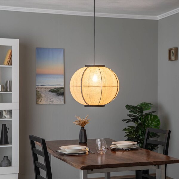 Lindby Závěsné svítidlo Aurinil, barva dřeva, plátno, Ø 48 cm, E27, stmívatelný, Světlé dřevo, Obývací pokoj / jídelna, Textil / tkanina / hedvábí, Venkovský / rustikální