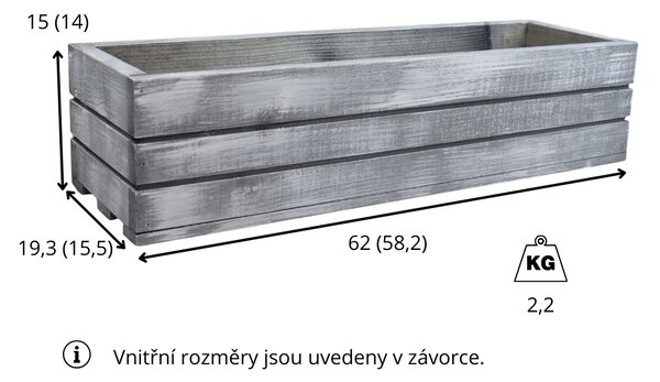 Dřevěný truhlík z masivu – šedý s bílou patinou 60 cm