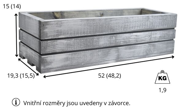 Dřevěný truhlík z masivu – šedý s bílou patinou 50 cm