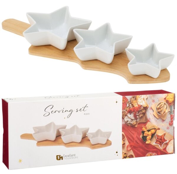 EXCELLENT HOUSEWARE Sada servírovacích misek na prkénku 4 ks hvězda bílá KO-210001220