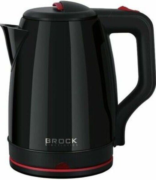 Rychlovarná konvice 2l, Brock, 1500W, nerez, lesklý černý lak a červené prvky