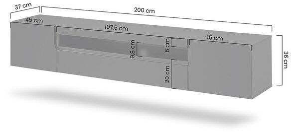 Závěsná TV skříňka Loftia 200 cm s výklenkem - černý mat