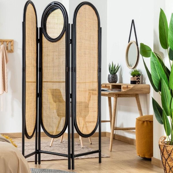 Černý ratanový paraván Kave Home Lalita 150 x 180 cm se zrcadlem