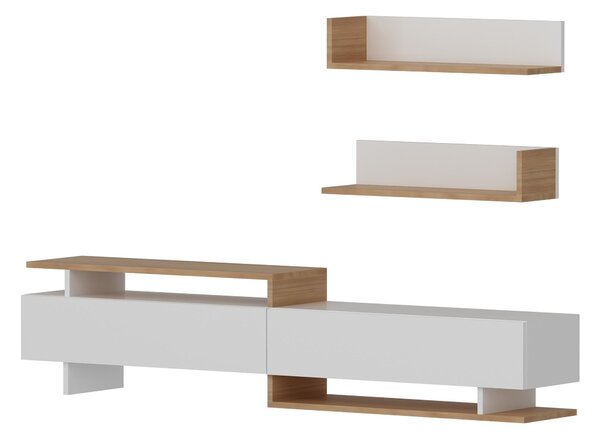 Obývací stěna Alcaraz (bílá + teak). Akce -26%