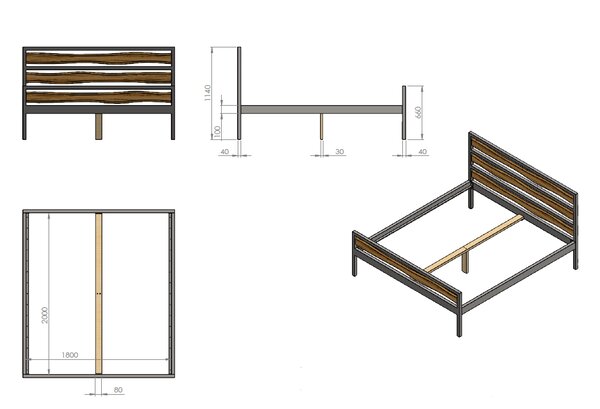 Železná postel Nil 180x200 v kombinaci masivní dub a kov