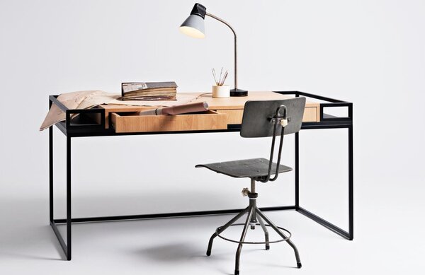 Nordic Design Černý kovový pracovní stůl Hugo 180 x 78 cm s dubovým dekorem
