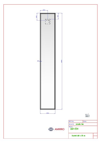 Zrcadlo na zeď do pokoje do ložnice do předsíně a na chodbu do koupelny nalepovací CRYSTAL 25 x 160 cm s fazetou 10 mm 160-254