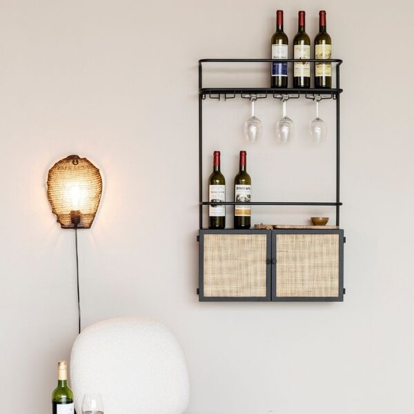 White Label Černá lakovaná závěsná vinotéka s ratanovou výplní WLL GUUJI 60 x 18 cm