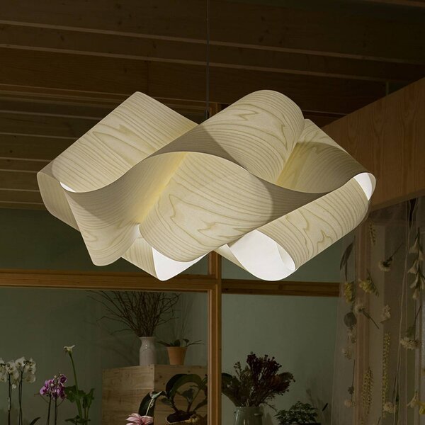 LZF LAMPS Swirl závěsné, černý kabel Ø 54cm slonovina, stmívatelný, Světlé dřevo, Obývací pokoj / jídelna, Dřevo, Design