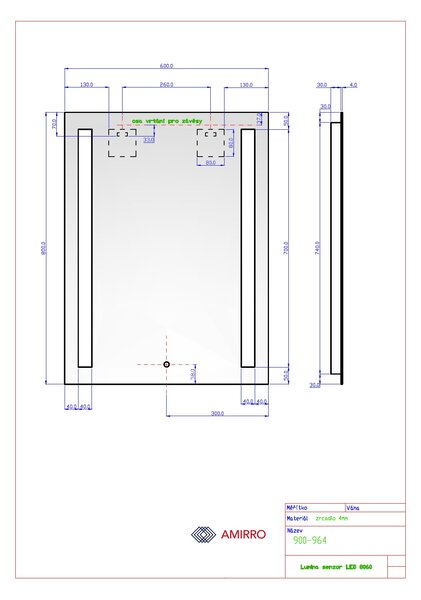 Zrcadlo na zeď chodbu do pokoje ložnice koupelny předsíně LUMINA SENZOR LED - 80 x 60 cm se dvěma LED podsvícenými pruhy a s dotykovým sensorem 900-964