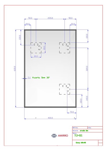 Zrcadlo na chodbu zeď do koupelny předsíně nalepovací s ozdobnou hranou GLOSSY 40 x 60 cm se strmou fazetou 713-021