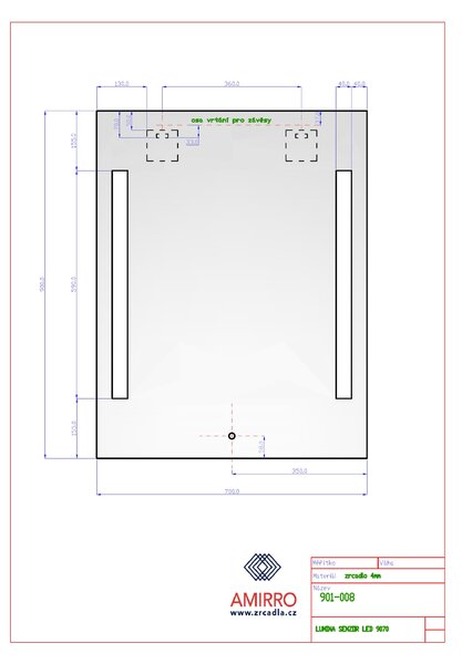Zrcadlo na zeď chodbu do pokoje ložnice koupelny předsíně LUMINA SENZOR LED - 90 x 70 cm se dvěma LED podsvícenými pruhy a s dotykovým sensorem 901-008