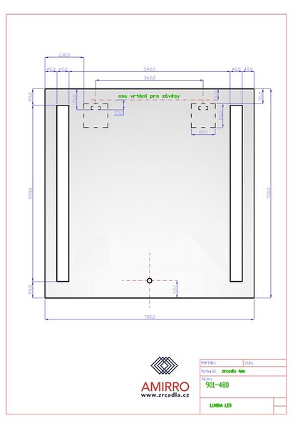 Zrcadlo na zeď chodbu do pokoje ložnice koupelny předsíně LUMINA SENZOR LED - 70 x 70 cm se dvěma LED podsvícenými pruhy a s dotykovým sensorem 901-480