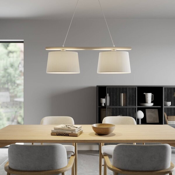 Lamkur Závěsná lampa Švédsko, starožitná bílá/bílá, textil, dřevo, 2 světla, stmívatelný, Obývací pokoj / jídelna, Dřevo