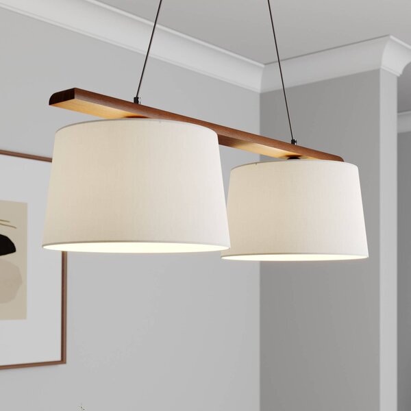Lamkur Závěsná lampa Švédsko, starožitná bílá, textil, ořech, 2 světla, stmívatelný, Tmavé dřevo, Obývací pokoj / jídelna, Dřevo