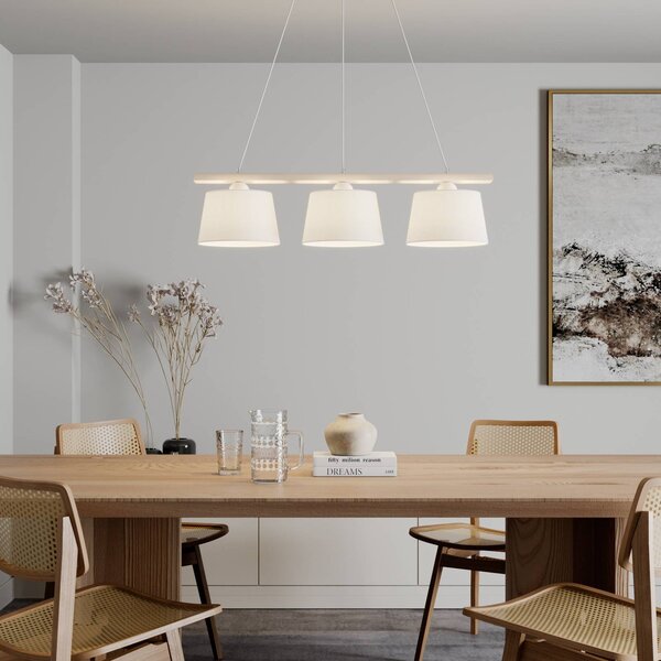 Euluna Závěsná lampa Švédsko, starožitná bílá/bílá, textil, dřevo, 3 světla, stmívatelný, Obývací pokoj / jídelna, Textil / tkanina / hedvábí