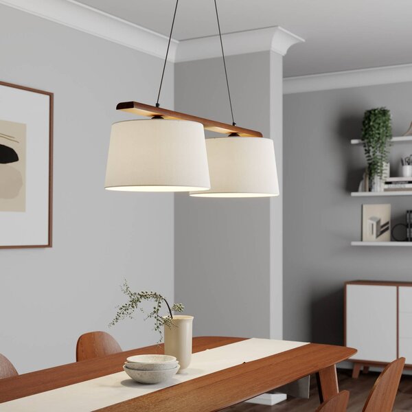 Lamkur Závěsná lampa Švédsko, starožitná bílá, textil, ořech, 2 světla, stmívatelný, Tmavé dřevo, Obývací pokoj / jídelna, Dřevo