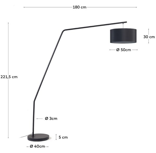 Černá kovová stojací lampa s bavlněným stínidlem Kave Home Ciana 221,5 cm