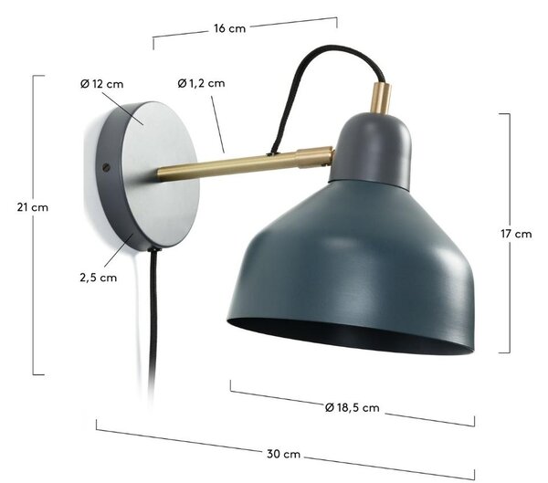 Modro-šedé kovové nástěnné světlo Kave Home Olimpia 18,5 cm