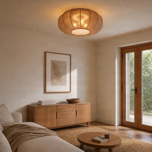 Stropní lampa Lindby, Helin, stmívatelné, Hnědá / Rezavá, Obývací pokoj, Tkanina / Textil, Skandinávský