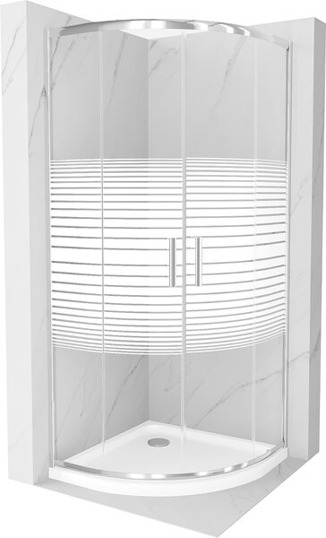 Mexen Rio, čtvrtkruhový sprchový kout s posuvnými dveřmi 80 x 80 cm, 5mm čiré sklo/pásy, chromový profil + bílá sprchová vanička, 863-080-080-01-20-4110