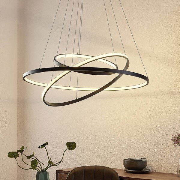 Lucande LED závěsné světlo Ezana, černé, kov, Ø 80 cm, stmívatelný, Černá, Obývací pokoj / jídelna, kov, Moderní
