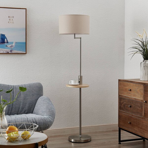Lindby Stojací lampa Zinia, niklová barva, police, připojení USB, Hliník / šedá / zinek, Obývací pokoj / jídelna, kov, Moderní