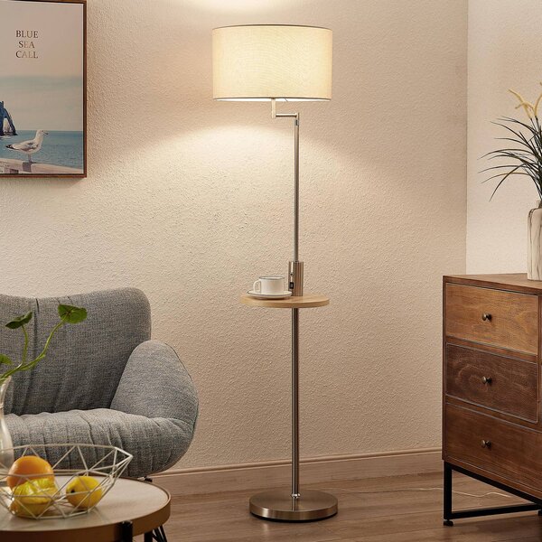 Lindby Stojací lampa Zinia, niklová barva, police, připojení USB, Hliník / šedá / zinek, Obývací pokoj / jídelna, kov, Moderní