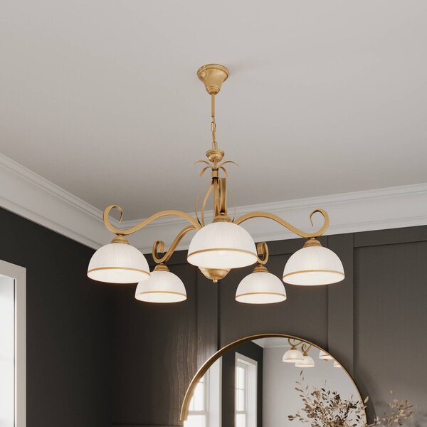 EMIBIG LIGHTING Závěsné světlo Wivara 5, pětilampové, zlaté, stmívatelný, Mosaz / zlato, Obývací pokoj / jídelna, kov, Starožitný