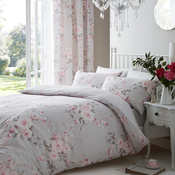 Prodloužené šedé povlečení na dvoulůžko 230x220 cm Canterbury Floral – Catherine Lansfield
