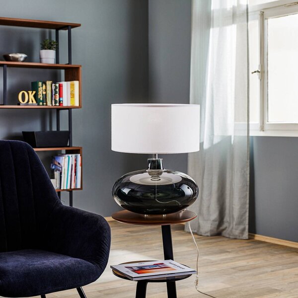 Argon Stolní lampa Skien, stínidlo na lampu bílé, skleněná základna kouřově šedá, Hliník / šedá / zinek, Obývací pokoj / jídelna, Sklo, Moderní