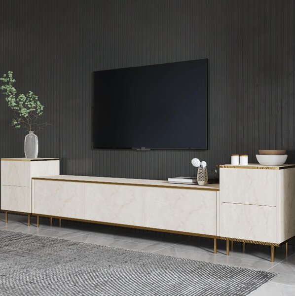 TV stolek/skříňka Iris 1 (travertin + zlatá). Akce -24%