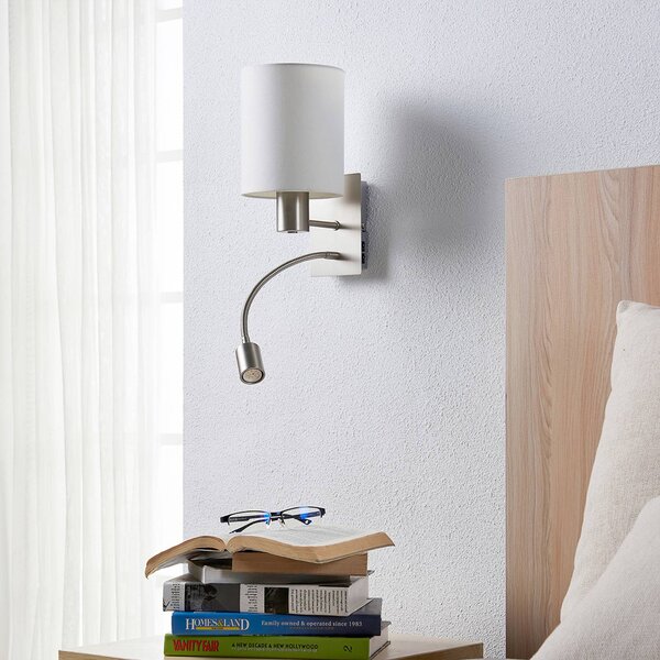 Lindby Nástěnné svítidlo Shajan, sada 2 kusů, 29 cm, E27, LED světlo na čtení, Bílá / opál, Obývací pokoj / jídelna, Textil / tkanina / hedvábí, Moderní