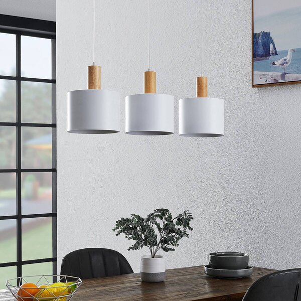 Lindby Závěsné svítidlo Kadir, 73 cm, 3 světla, bílá, dřevo, stmívatelný, Bílá / opál, Obývací pokoj / jídelna, kov, Moderní