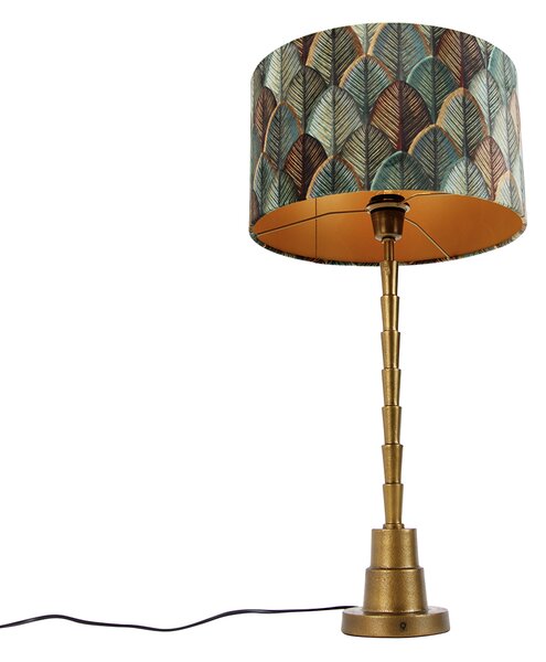 Stolní lampa bronzová s sametovým stínidlem s motivem listů a zlatým vnitřkem - Pisos