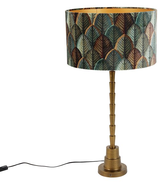 Stolní lampa bronzová s sametovým stínidlem s motivem listů a zlatým vnitřkem - Pisos