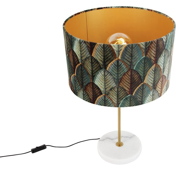 Stolní lampa z mosazi s sametovým stínidlem s designem listů a zlatým vnitřkem - Kaso