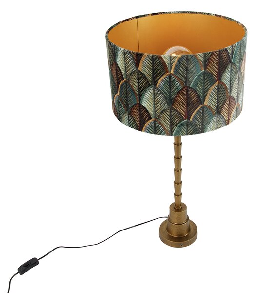 Stolní lampa bronzová s sametovým stínidlem s motivem listů a zlatým vnitřkem - Pisos